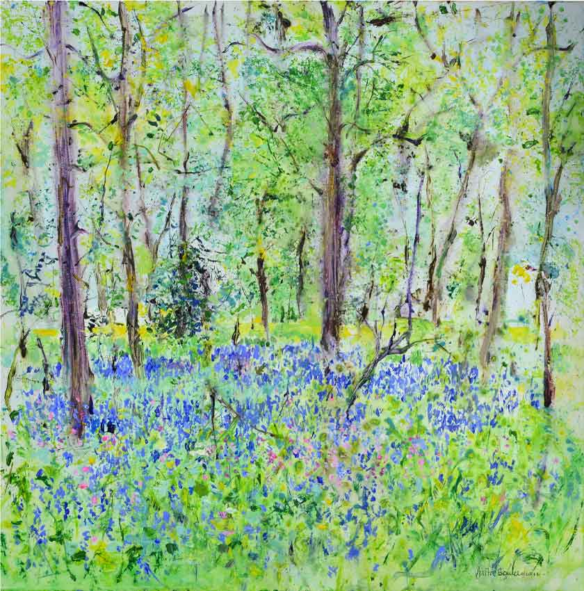 Wild Pink Flowers and Bluebells, unframed original painting