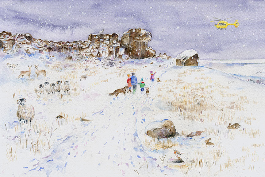 Illustrating for the Yorkshire Air Ambulance. Christmas Cards I have created including ‘Ilkley Moor with Hats at The Cow and Calf Rocks’ and The Yorkshire Shepherdess, Amanda Owen.