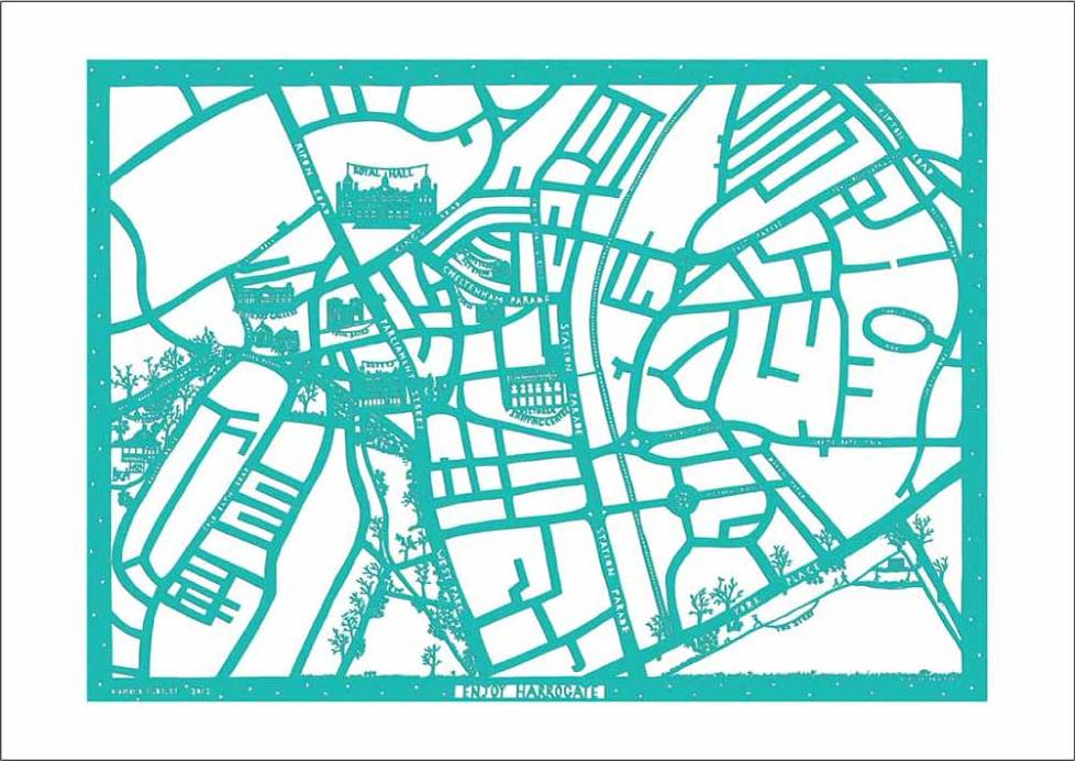 Enjoy Harrogate Map paper cut artwork in turquoise and white