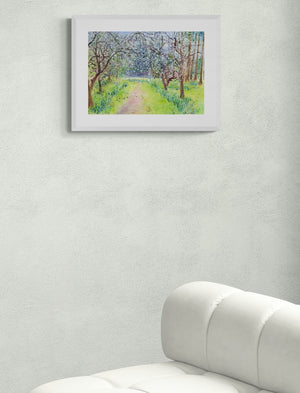 White Cherry Blossom and Daffodils Pathway (Original Painting, framed)