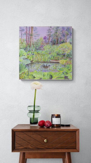 The Water Garden with a Heron (Original Painting, Unframed)