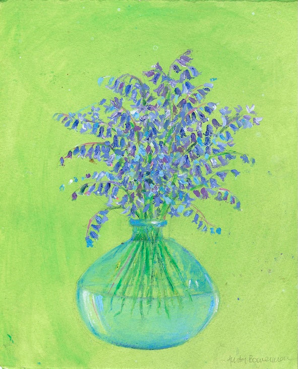 Bluebells in a turquoise jar