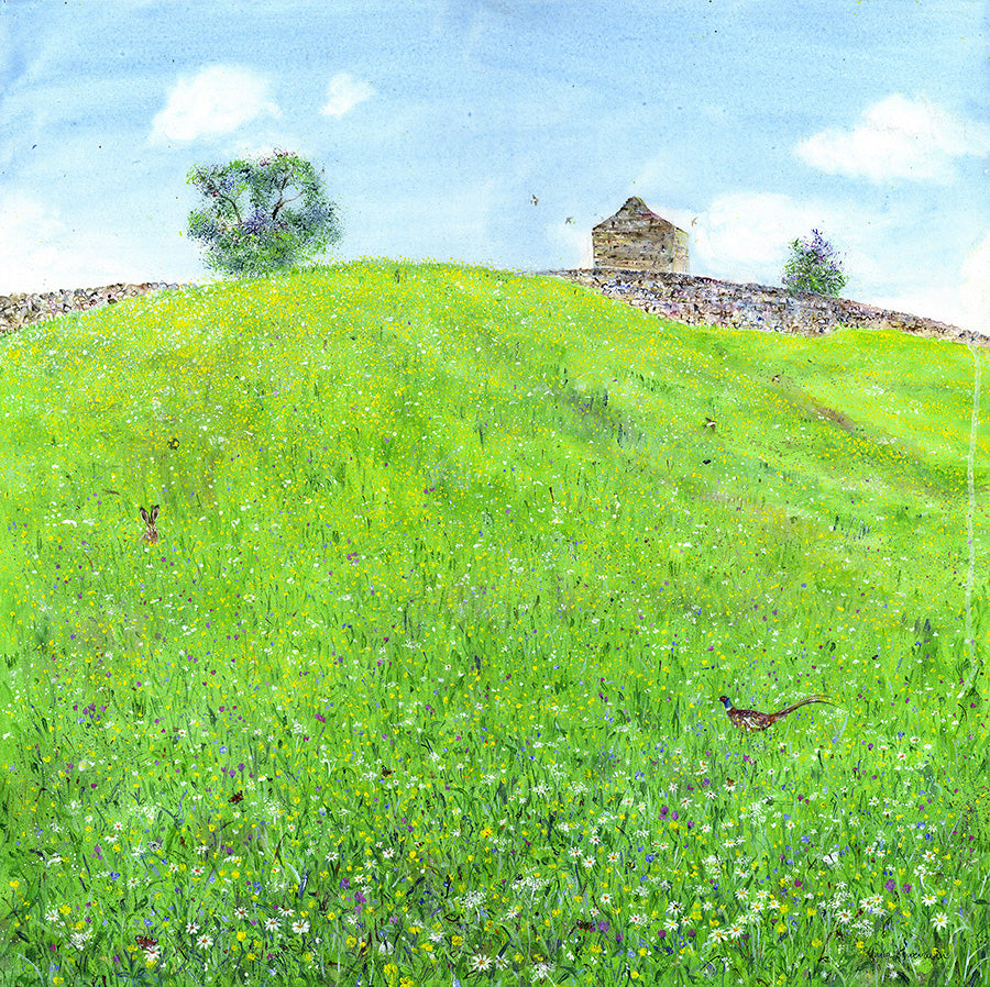 Wildflower Meadow with Hare and Pheasant (Original Painting, Unframed)