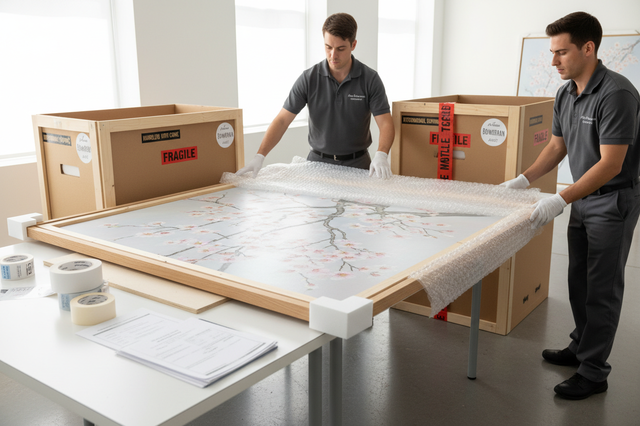 Sending a painting from Anita Bowerman's collection safely for delivery across the globe - use a cherry blossom painting