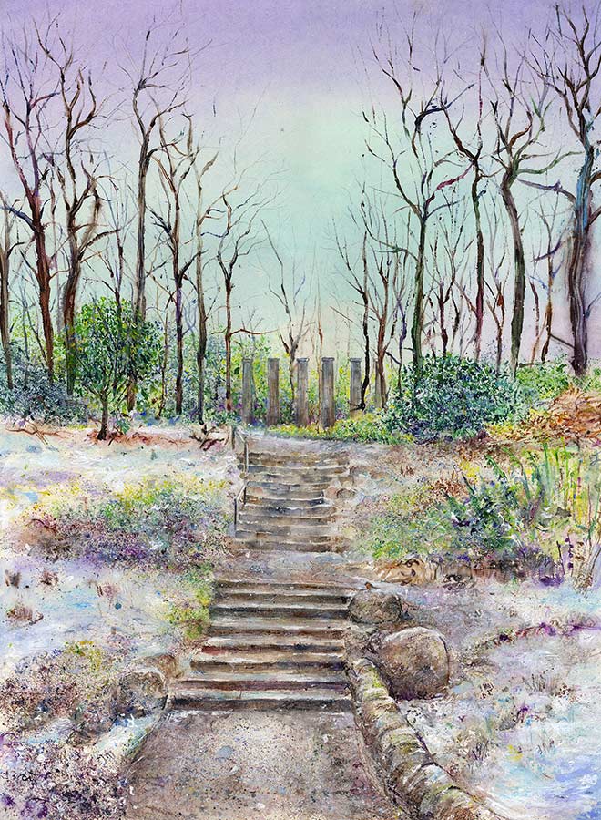 Pathway to the Doric Columns at RHS Garden Harlow Carr, January (5 x Greetings Cards)