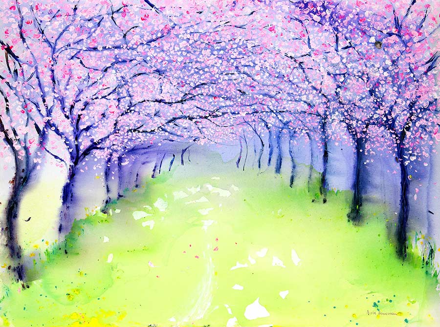 Pink Blossom Fluttering in the Wind (5 x Greetings Cards)