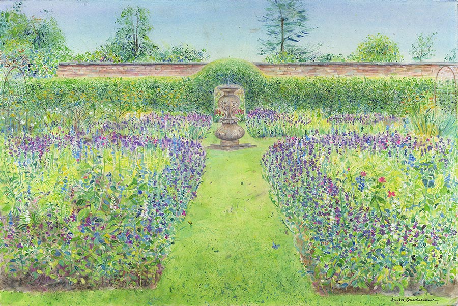 Lilac, Blue and White Flowers in the Walled Garden, Castle Howard (Original Painting, Framed)