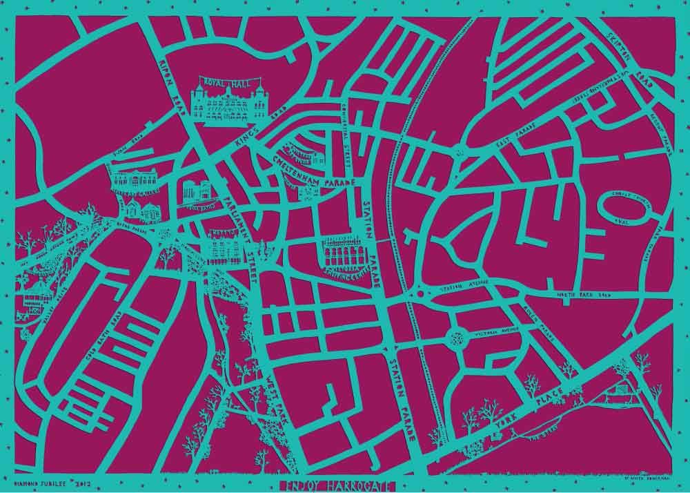 Enjoy Harrogate Map in purple and turquoise, unframed open edition Giclée print