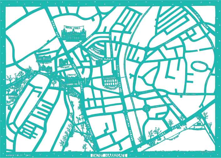 Enjoy Harrogate Map in turquoise and white, unframed open edition Giclée print