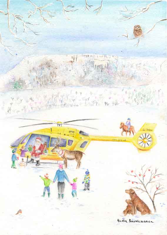 Father Christmas Giving Presents From a Helicopter Near the Kilburn White Horse, Giclée print