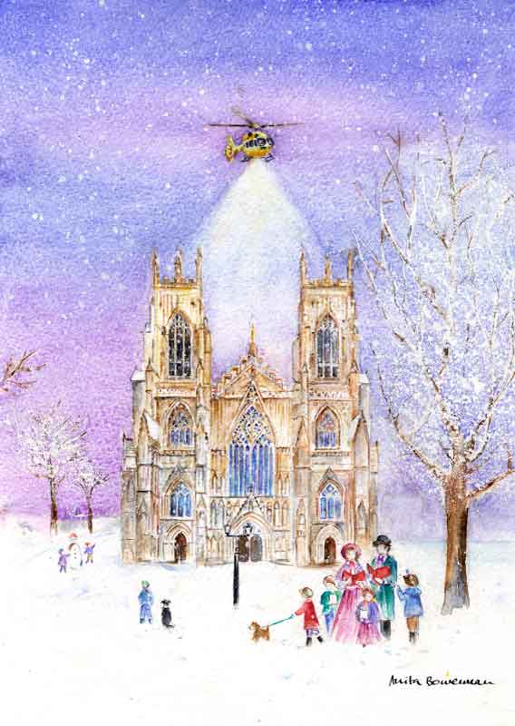 Helicopter Illuminating York Minster in the Snow, unframed limited edition print