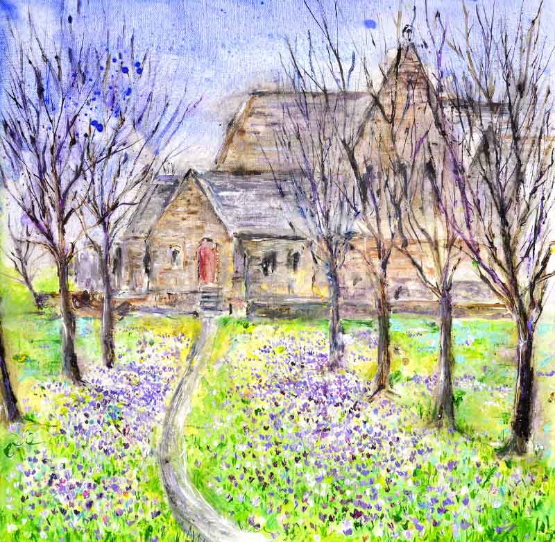 Impressionist Crocuses and Church in Spring, unframed painting