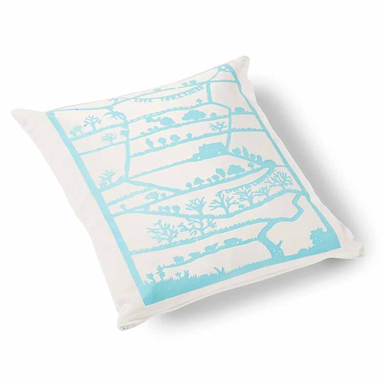 Love Yorkshire Velvet Cushion 46 x 46cm white with turquoise print