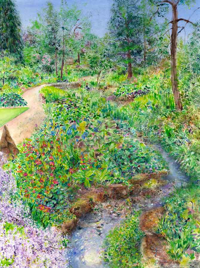 Stream-side at RHS Garden Harlow Carr, June, original painting