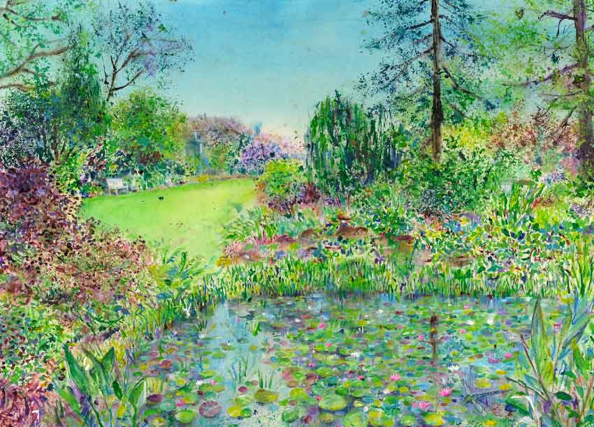 The pond at The Tarn at RHS Garden Harlow Carr original painting